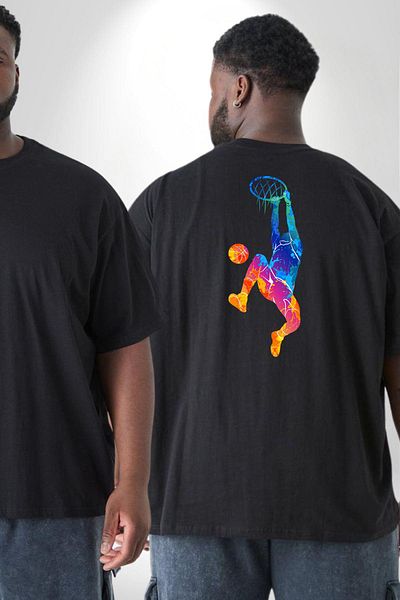 Angemiel تي شيرت Dunk Basketball Color مقاس كبير باللون الأسود - للرجال والنساء للجنسين، مع طباعة خلفية