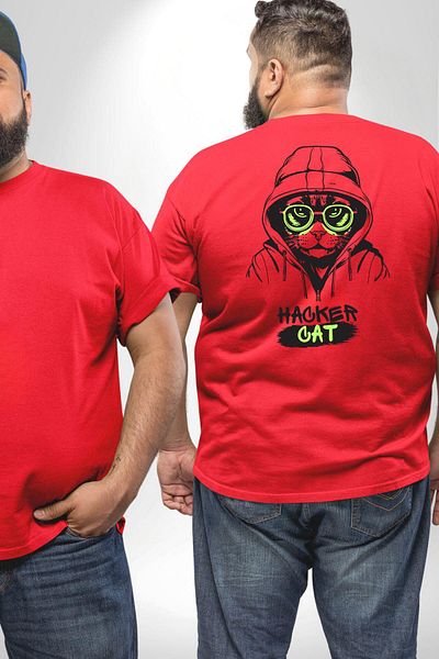 Angemiel Hacker Cat Computer Pirate - نظارات خضراء، مقاس كبير، تي شيرت أحمر، طباعة خلفية للجنسين