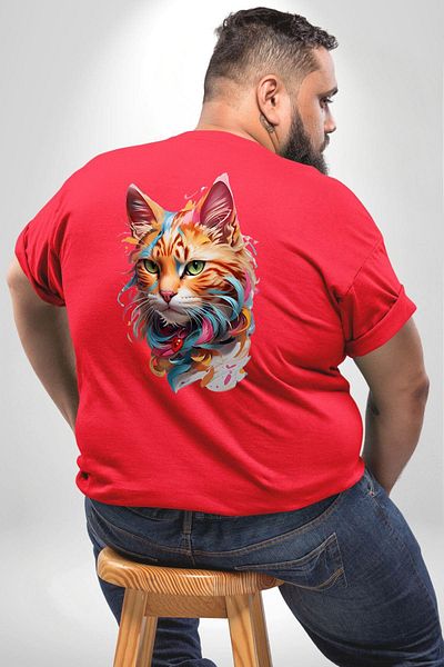 Angemiel تي شيرت مقاس كبير من Red Animal Cat Art Potre - ظهر مطبوع للجنسين