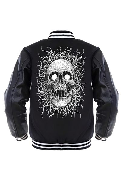 Edizen Unisex Premium Black Bomber College Jacket - Δερμάτινο, Oversize Skull Print, 100% βαμβάκι