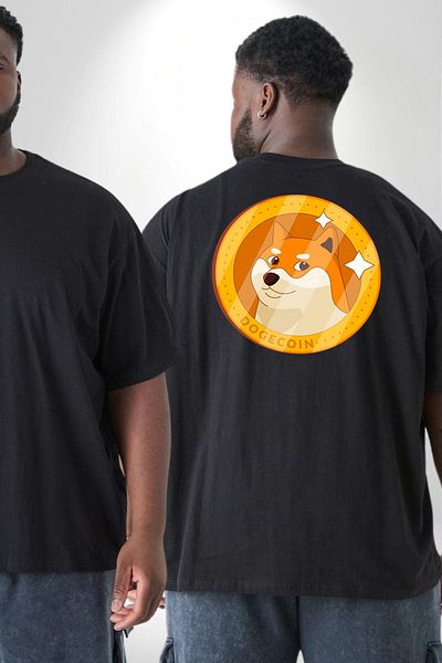 Angemiel تي شيرت أسود كبير الحجم من Doge Coin - للنساء/الرجال للجنسين، مطبوع على الظهر