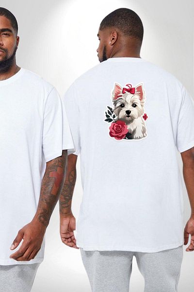 Angemiel White Highland Terrier - تي شيرت أبيض كبير الحجم للجنسين، مطبوع على الظهر