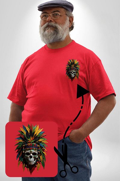 Angemiel Red Plus Size Skull Skeleton Patterned Feather Eagle Chief T-Shirt - Minimal Printed