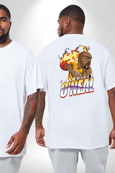 Angemiel Shaquille Oneal Star Fireball - تي شيرت أبيض كبير الحجم للجنسين مطبوع على الظهر