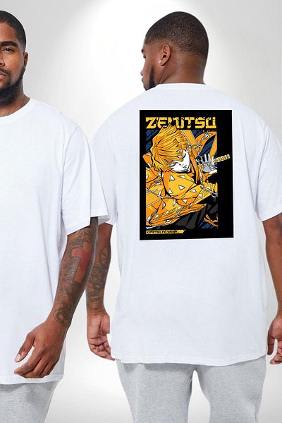 Angemiel تي شيرت Zenitsu Agatsuma Anime Pattern - مقاس كبير أبيض للجنسين مطبوع على الظهر