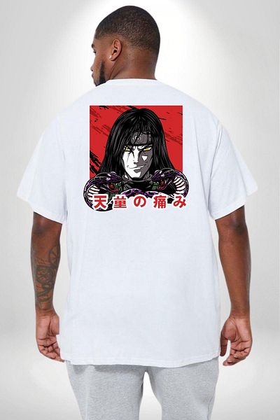 Angemiel تي شيرت Orochimaru Anime Pattern - أبيض، مقاس كبير، مطبوع على الظهر للجنسين