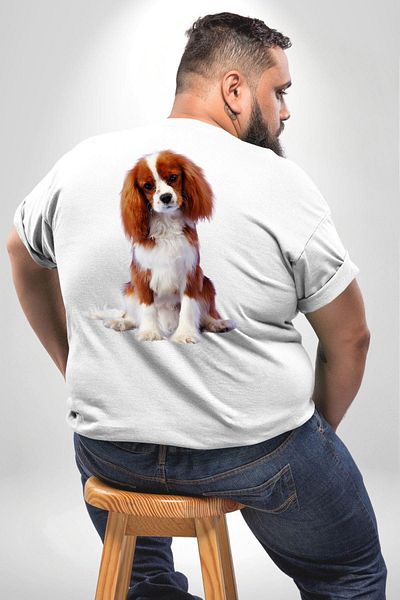 Angemiel تي شيرت Cavalier King Charles Spaniel مقاس كبير - أبيض للجنسين، مطبوع على الظهر