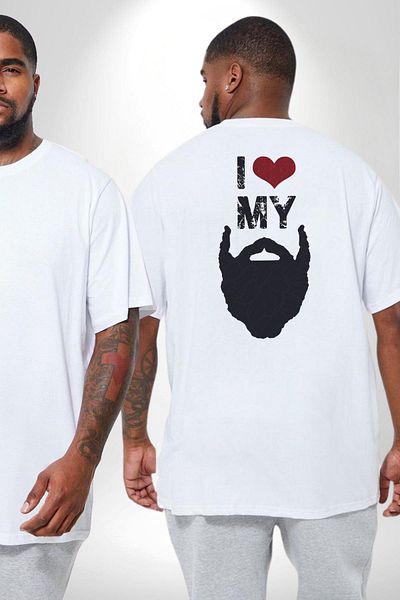 Angemiel تي شيرت أبيض - I Love My Beard، Barber، مقاس كبير، للجنسين، مطبوع على الظهر