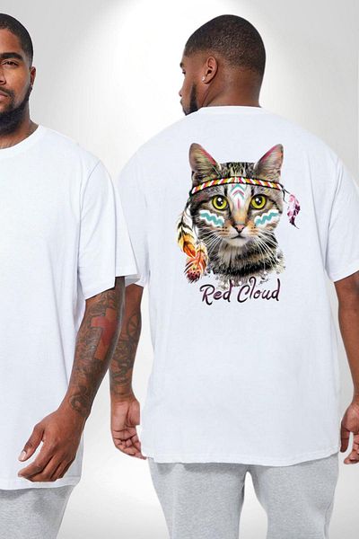 Angemiel تي شيرت أبيض مقاس كبير - Red Cloud Cat Indian، مطبوع على الظهر للجنسين