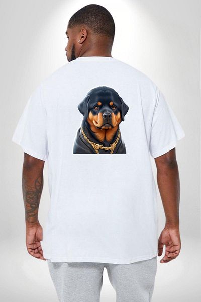 Angemiel تي شيرت أبيض كبير الحجم من Rottweiler Puppy - للنساء/الرجال، مطبوع على الظهر