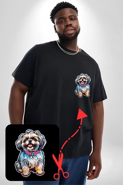 Angemiel تي شيرت أساسي بنمط Shih Tzu أسود مقاس كبير
