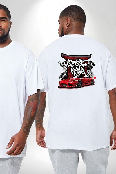 Angemiel تي شيرت أبيض مقاس كبير من Japan Street Racing King - للجنسين، مطبوع على الظهر