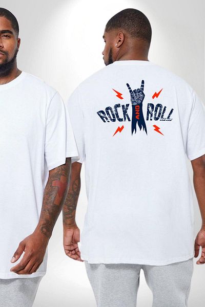 Angemiel تي شيرت أبيض كبير الحجم للجنسين من Rock 'n Roll - مطبوع على الظهر