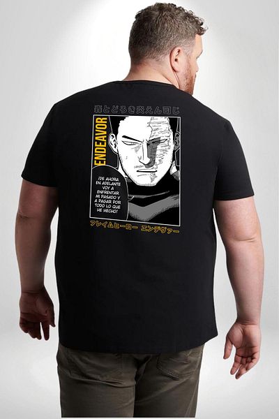 Angemiel تي شيرت Enji Todoroki Manga أسود كبير الحجم - للرجال والنساء للجنسين، مطبوع على الظهر