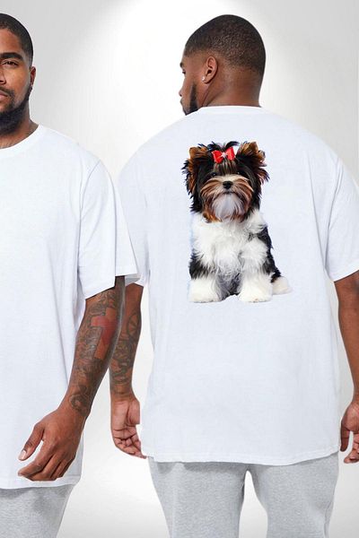 Angemiel تي شيرت أبيض كبير الحجم بنمط Biewer Yorshire Terrier - للنساء/الرجال، مطبوع على الظهر
