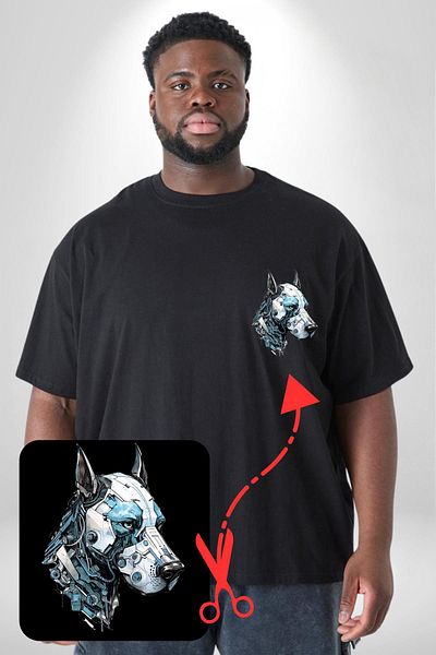 Angemiel تي شيرت أسود كبير الحجم - مطبوع عليه Robot Cyborg Dog Doberman Basic Minimal