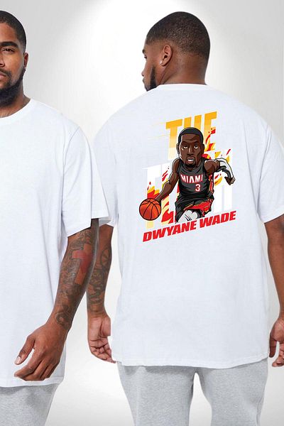Angemiel تي شيرت أبيض للجنسين مقاس كبير لكرة السلة من Dwyane Wade Miami - مطبوع على الظهر