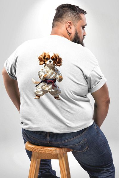 Angemiel تي شيرت Cavailer King Charles Spaniel Karate - مقاس كبير أبيض، للرجال والنساء للجنسين، مطبوع على الظهر