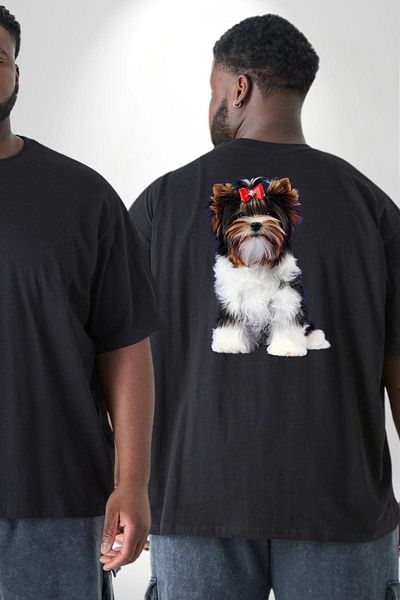 Angemiel تي شيرت أسود كبير الحجم من Biewer Yorshire Terrier - للرجال والنساء للجنسين، مطبوع على الظهر