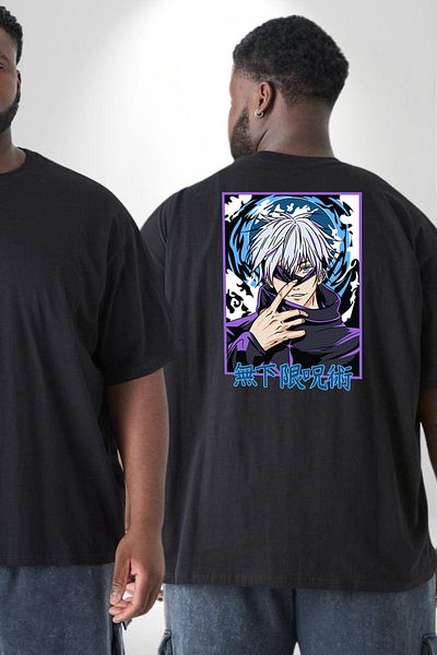 Angemiel تي شيرت Jujutsu Vintage Washed - Megumi Gojo Anime Manga مقاس كبير أسود للجنسين