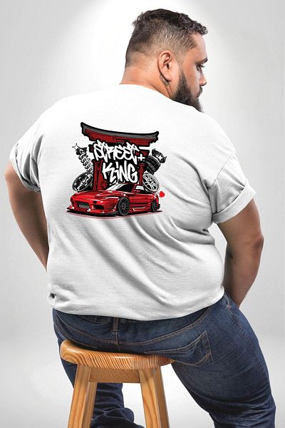 Angemiel تي شيرت أبيض مقاس كبير من Japan Street Racing King - للجنسين، مطبوع على الظهر