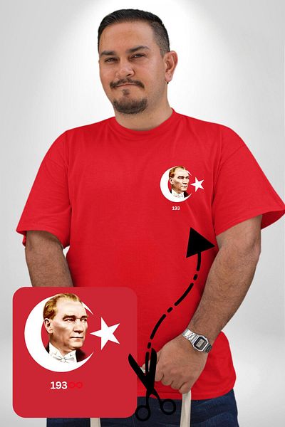 Angemiel Red Large Size Atatürk Turkish Flag Printed Basic T-Shirt