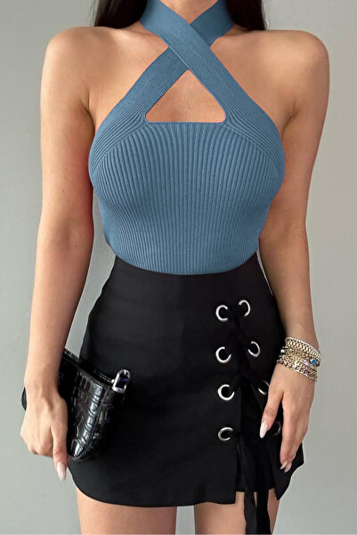 MILANOFOX Жіноча трикотажна блуза з перехресним вирізом і шнурівкою на шиї