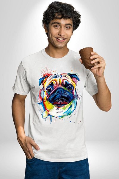 Angemiel Watercolor Pug Dog Women Men Unisex White Organic Printed T-Shirt Combed Cotton High Quality