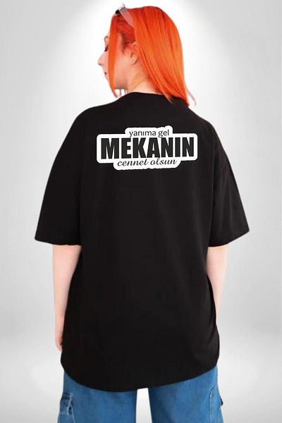 Angemiel Black Cotton Oversize T-shi - Come to the Burn, Space's Paradise, Written Digital Printed