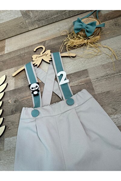 Feriatolye Panda Concept Baby Boy Fog Color Mint Suspender Detailed Trousers Salopet Bow Tie Set