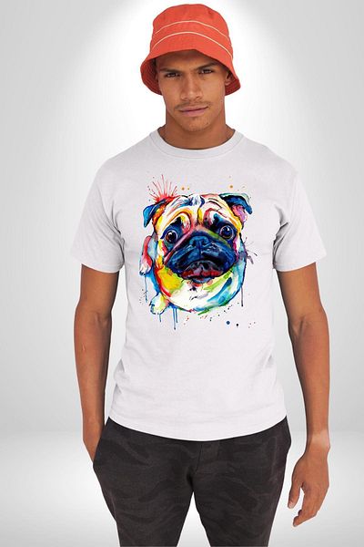 Angemiel Watercolor Pug Dog Women Men Unisex White Organic Printed T-Shirt Combed Cotton High Quality