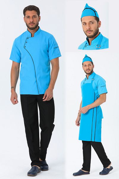 TIPTEKS Men's Comfort Turquoise Cook Jacket + Cap and Sling Apron - Black Piping / Black Pants Set of Four