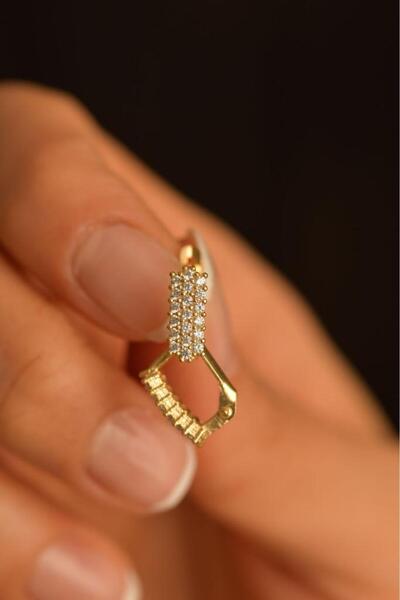 Roza Silver Zirkon Taşlı Gold J Klips Minimal Gümüş Küpe