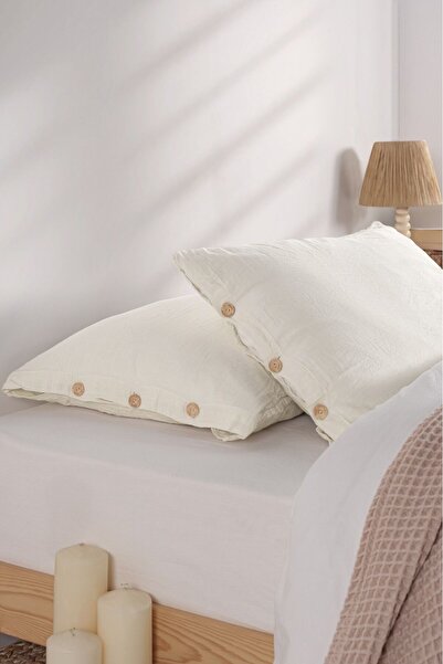 Kibele Düğmeli Müslin Yastık Kılıfı Kırık Beyaz 50x70 2 Adet Özel Işlemle Yık...