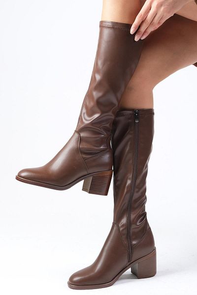Mio Gusto Armande Brown Stretch, Thick Heeled Women's Boots