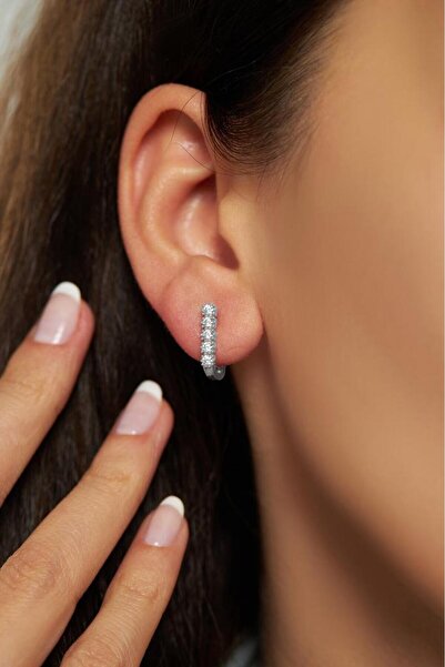 Roza Silver Zirkon Taşlı Rodyum Tek Sıra J Klips Gümüş Küpe