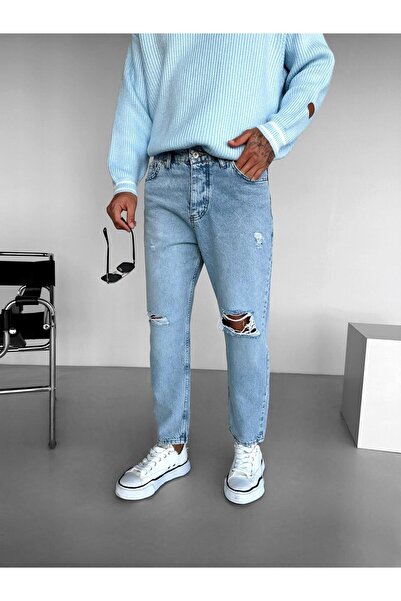 ablukaonline Men's Boyfriend Fit Distressed Jeans Light Blue