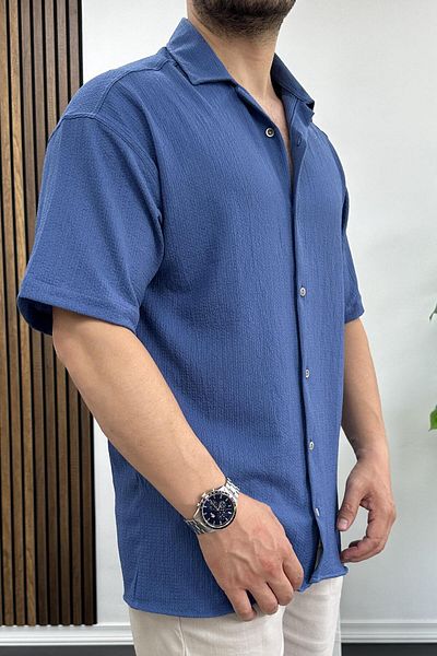Edwox Cămașă cu mânecă scurtă pentru bărbați Blue Seersucker - Edw109