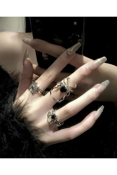 Köstebek Black Stoned Spider Spider 3-Piece Ring Set