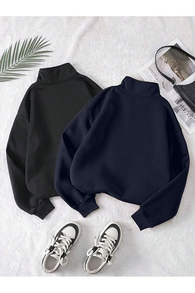 Know Women's 3 Thread Black Navy Blue Oversize Half Zipper 2-Piece Sweatshirt Set