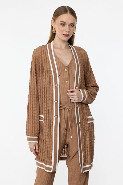 On Fashion Μπεζ Μακριά Δαντελένια Ζακέτα - Γυναικεία, Ριμπ και Μεταλλικά Κουμπιά