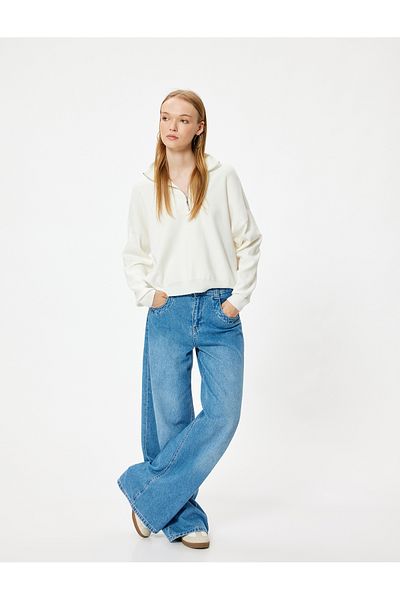 Koton Long Sleeve Viscose Sweater - Half Zipper, Off Shoulder