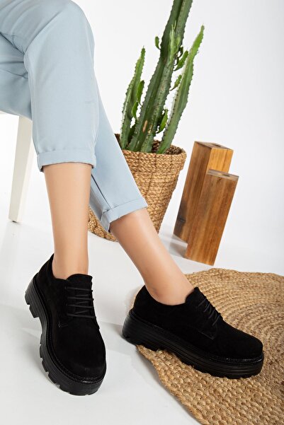 Hayalimdeki Ayakkabı Western Lace részletesen kidolgozott fekete velúr női stílusos alkalmi cipő