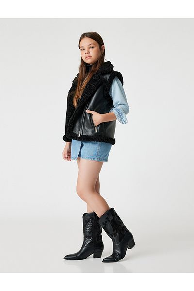 Koton Plush Detailed Leather Look Vest - Zippered Pockets