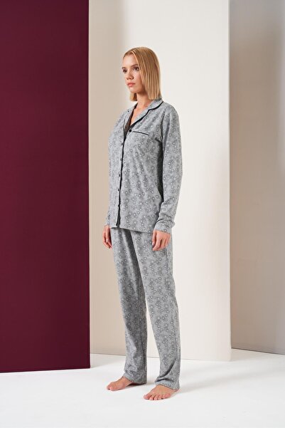 PJS Kadın Düğmeli Yıldız Desenli Uzun Kol Pijama Takım