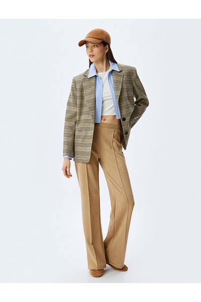 Koton Suede Look High Waist Elastic Ribbed Spanish Leg Pants