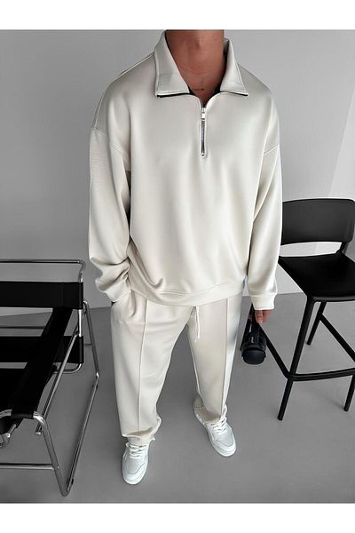 ablukaonline Ανδρικό φούτερ Flexible Oversize - Μισό φερμουάρ, Μπεζ