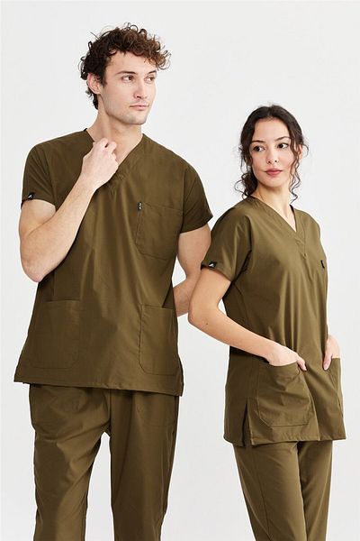 Çatı Medikal Ultralycra Basic - Set de tricou pentru scrub pentru doctor și asistentă din Lycra, uniformă chirurgicală (UNISEX), kaki