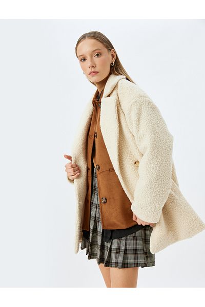 Koton Double Breasted Lapel Buttoned Pocket Detailed Boucle Coat