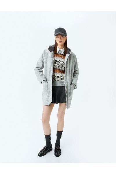 Koton Faux Fur Collar Hooded Zippered Pocket Lined Coat